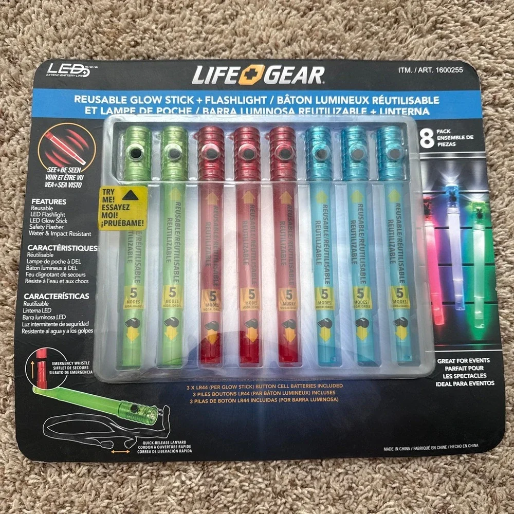 Life Gear Reusable LED Glow Stick Flashlight 8 Pack Emergency Whistle 1600255